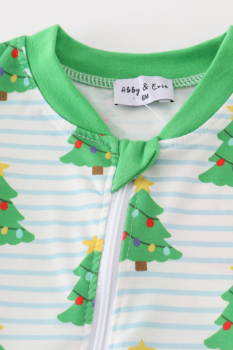 Christmas Tree Print Green Zip Romper