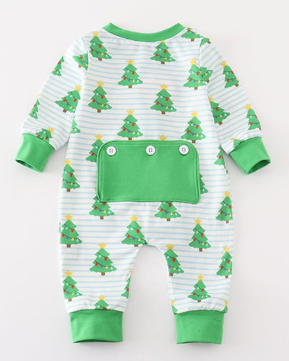 Christmas Tree Print Green Zip Romper