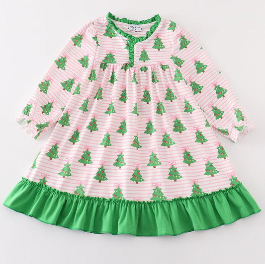 Christmas Tree Print Green Ruffle Nightgown