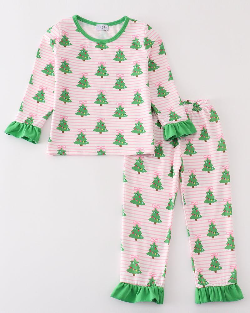 Christmas Tree Print Green Ruffle Pajamas Set