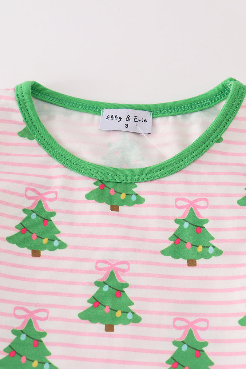 Christmas Tree Print Green Ruffle Pajamas Set