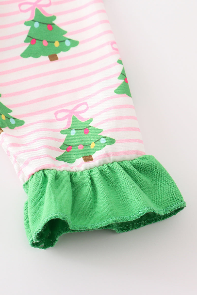 Christmas Tree Print Green Ruffle Pajamas Set