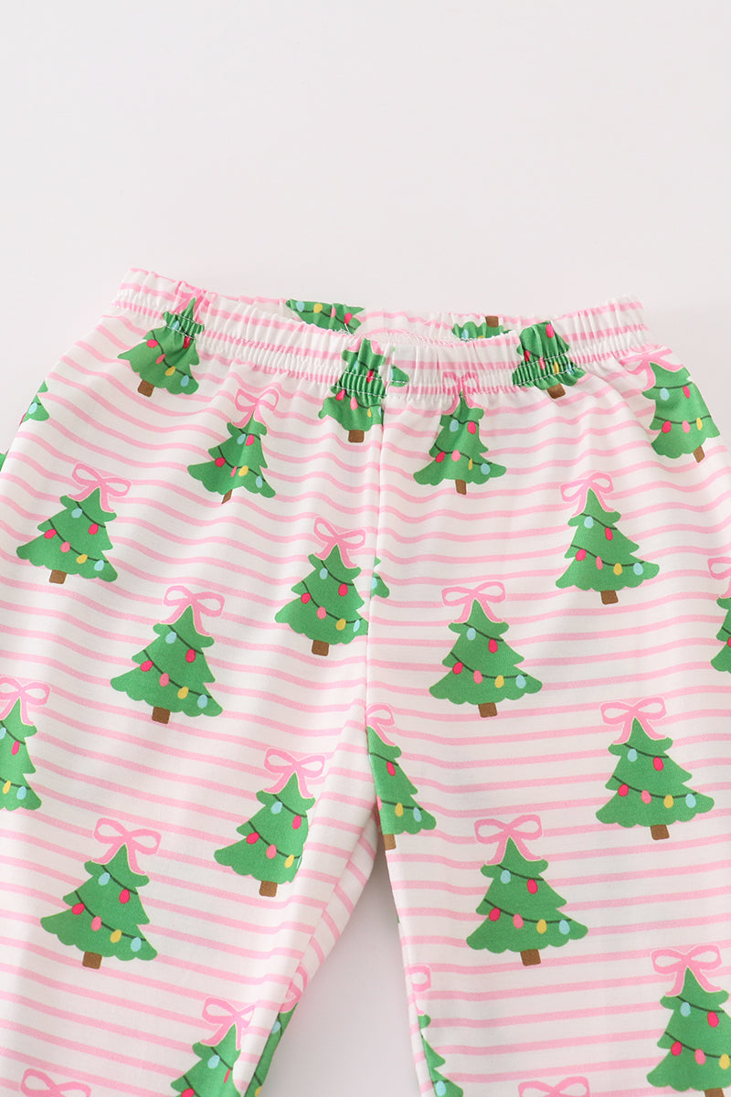 Christmas Tree Print Green Ruffle Pajamas Set