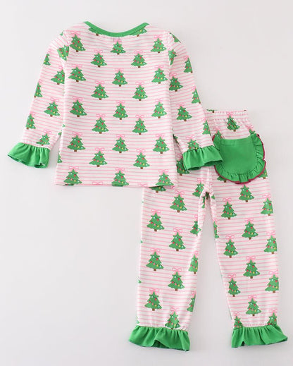 Christmas Tree Print Green Ruffle Pajamas Set