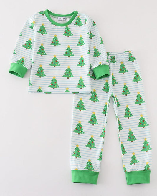 Christmas Tree Print Green Boy Pajamas Set