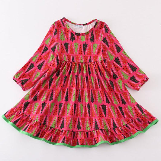 Cheerful Christmas Tree Print Ruffle Dress