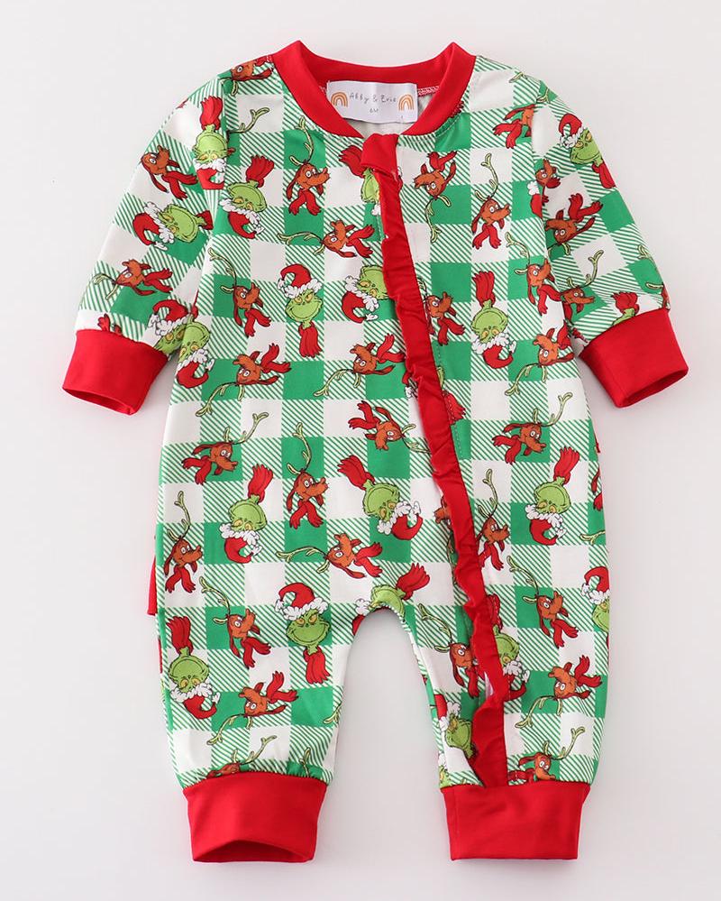 Green Plaid Whoville Print Ruffle Zip Girl Romper