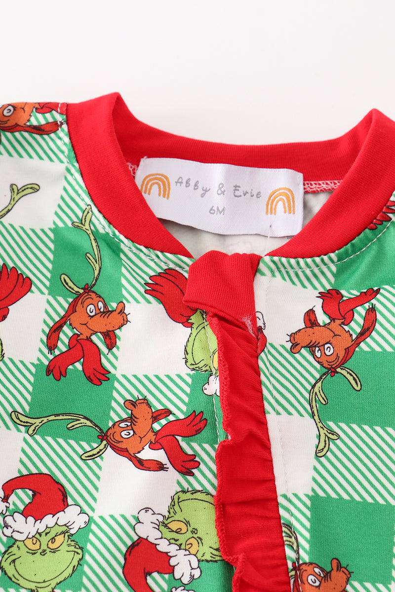 Green Plaid Whoville Print Ruffle Zip Girl Romper