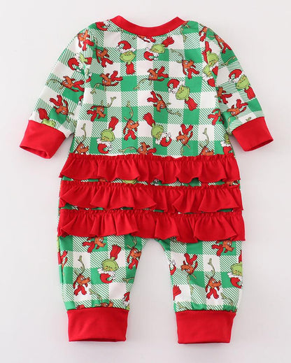 Green Plaid Whoville Print Ruffle Zip Girl Romper