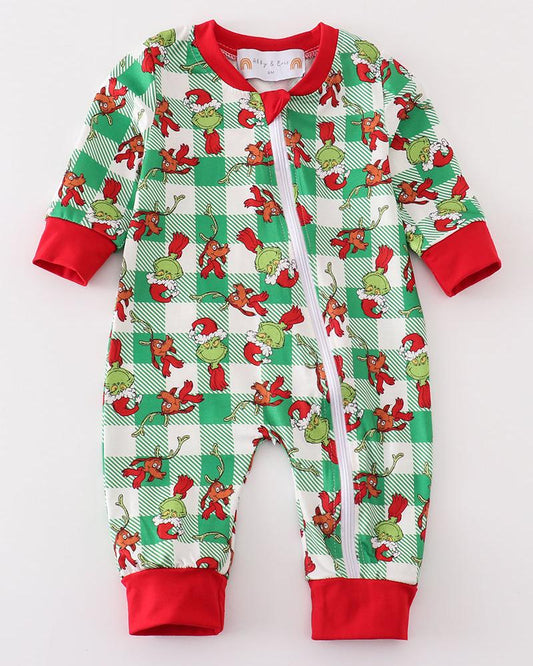 Green Plaid Whoville Print Zip Boy Romper