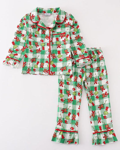 Green Plaid Whoville Print Ruffle Girl Pajama Set