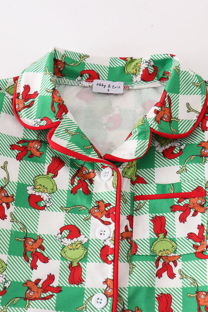 Green Plaid Whoville Print Ruffle Girl Pajama Set