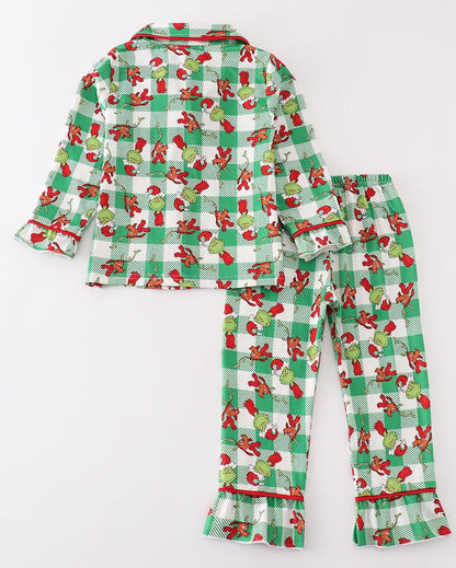 Green Plaid Whoville Print Ruffle Girl Pajama Set