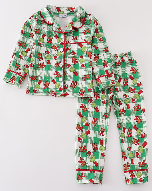 Green Plaid Whoville Print Boy Pajamas Set