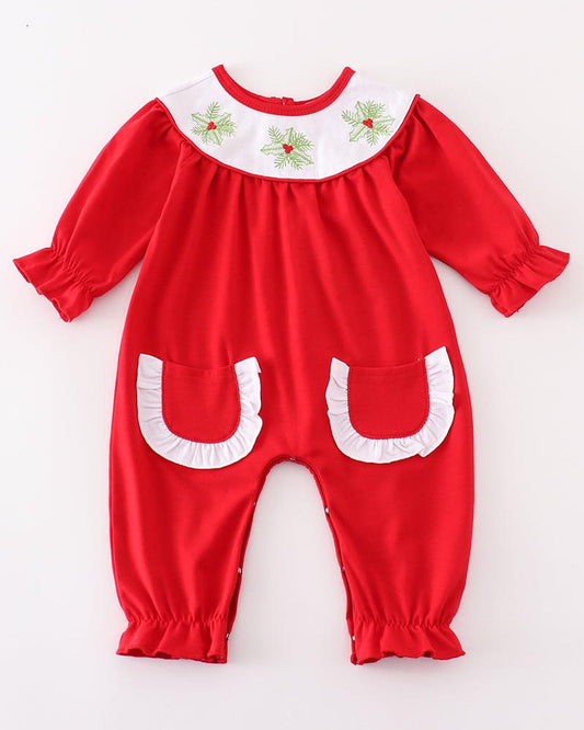 Red Christmas Holly Embroidered Girl Romper