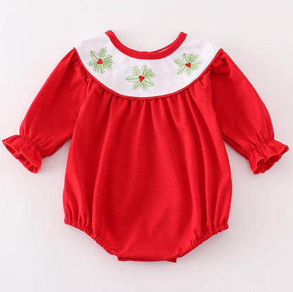 Red Christmas Holly Embroidered Girl Bubble