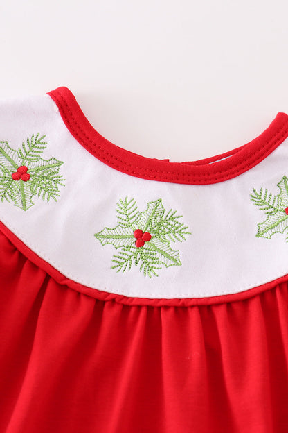 Red Christmas Holly Embroidered Girl Bubble