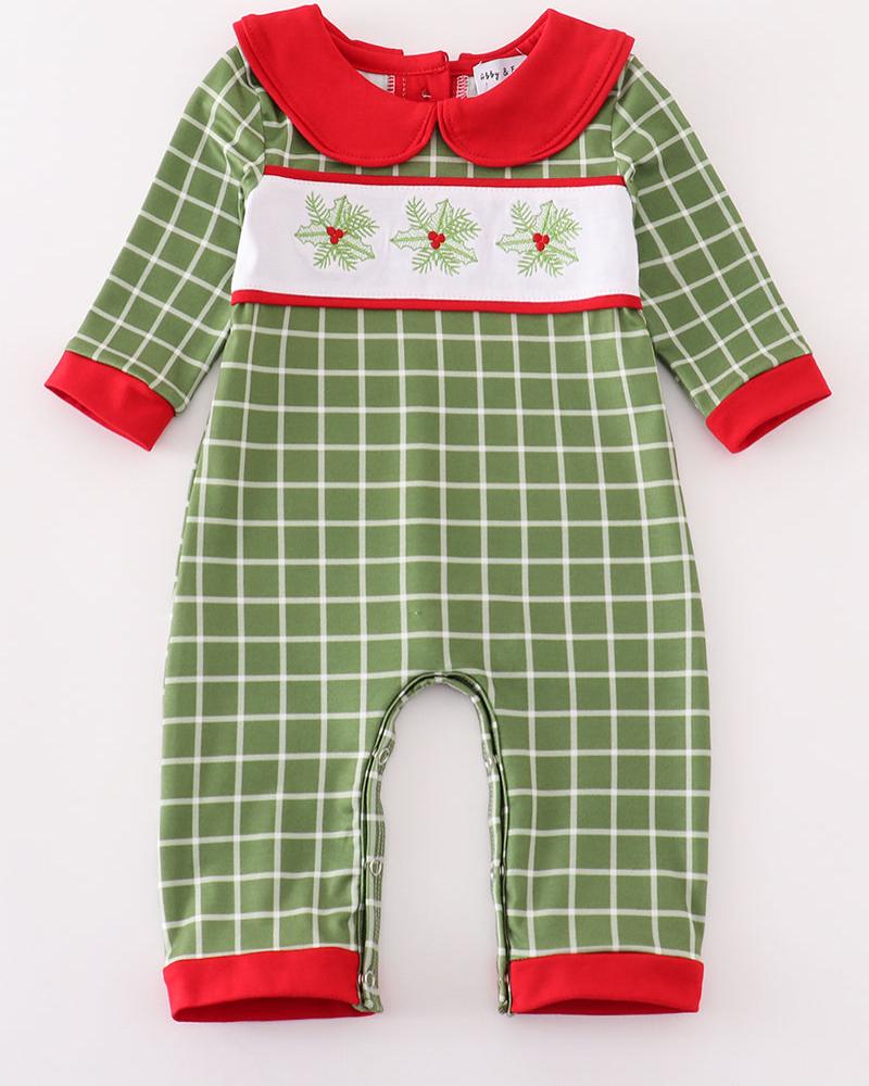 Green Plaid Christmas Holly Embroidered Boy Romper