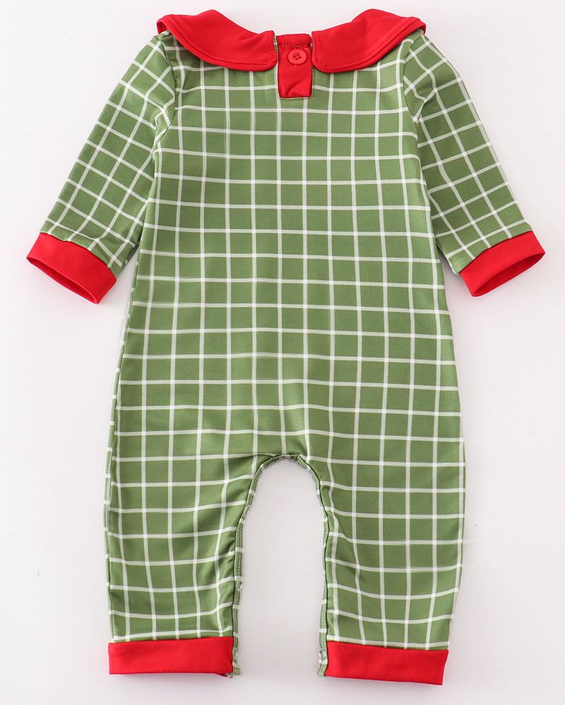 Green Plaid Christmas Holly Embroidered Boy Romper