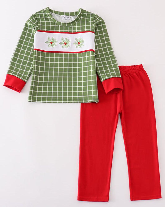 Green Plaid Christmas Holly Embroidered Boy Set