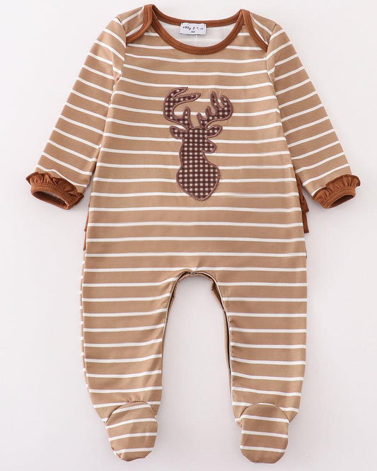 Brown Stripe Deer Applique Baby Girl Footed Romper