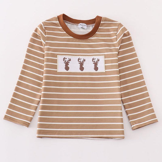 Brown Stripe Deer Embroidered Boy Top