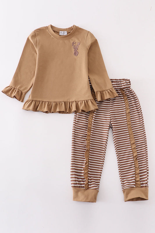 Deer Embroidered Brown Stripe Girl Set