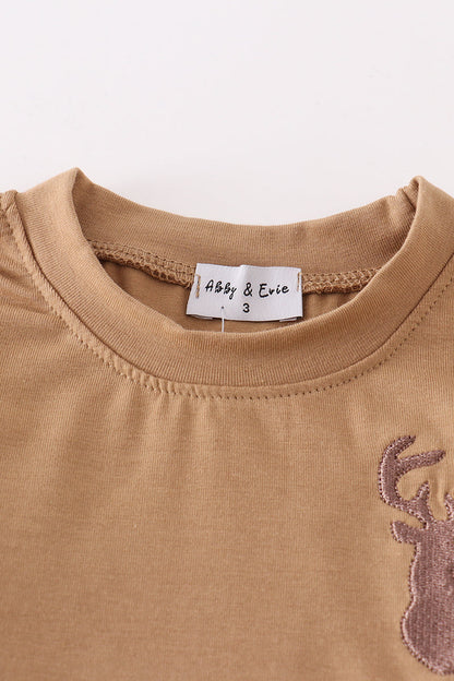 Deer Embroidered Brown Stripe Girl Set