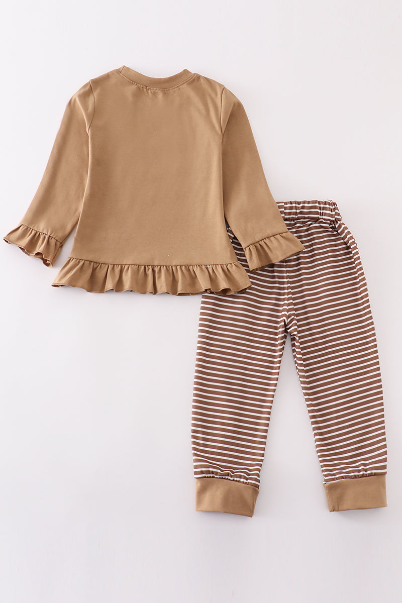 Deer Embroidered Brown Stripe Girl Set