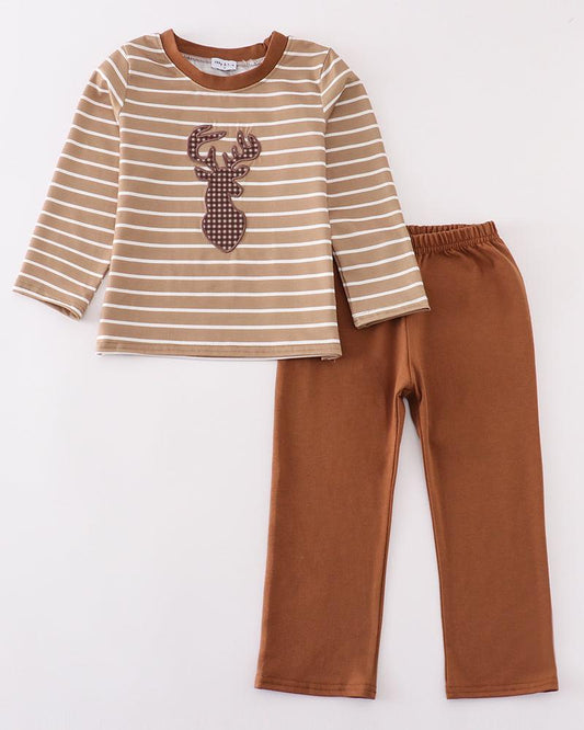 Brown Stripe Deer Embroidered Boy Set