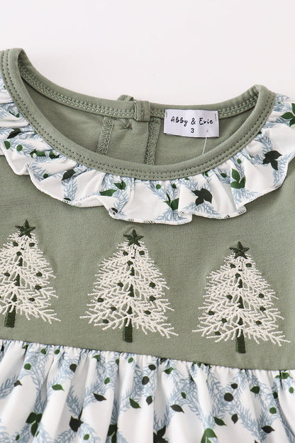 Sage Christmas Tree Embroidered Girl Set