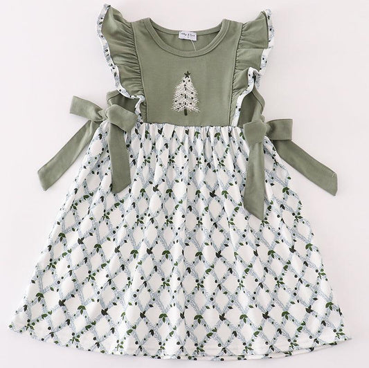 Sage Christmas Tree Embroidered Dress