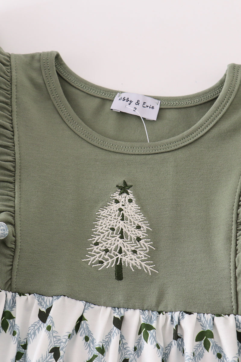 Sage Christmas Tree Embroidered Dress