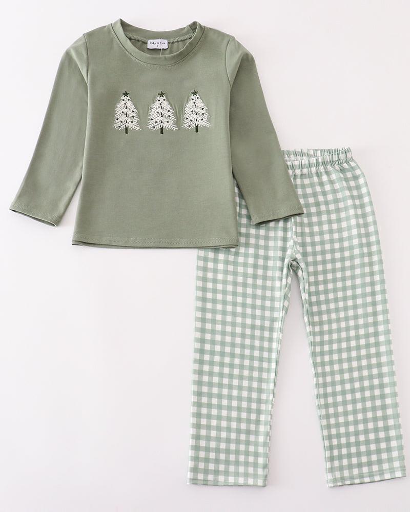 Sage Christmas Tree Embroidered Boy Set