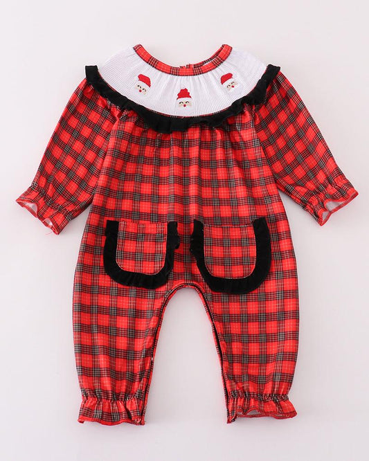 Christmas Santa Embroidered Red Smocked Plaid Girl Bishop Romper