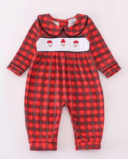 Christmas Santa Embroidered Red Smocked Plaid Boy Bishop Romper