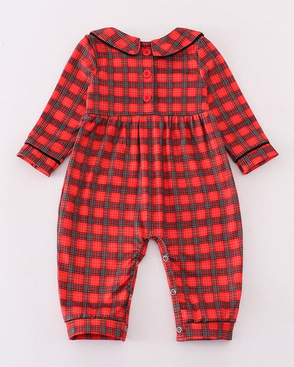 Christmas Santa Embroidered Red Smocked Plaid Boy Bishop Romper