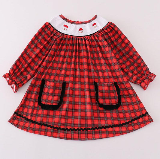 Christmas Santa Embroidered Red Smocked Plaid Bishop Dress