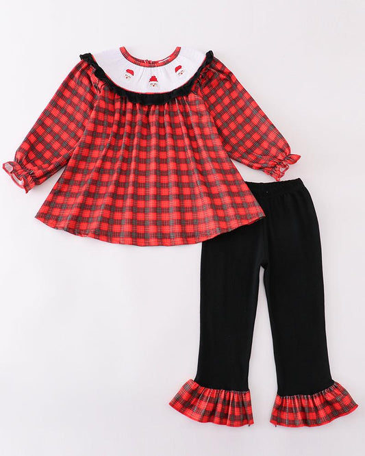 Christmas Santa Embroidered Red Smocked Plaid Bishop Girl Set