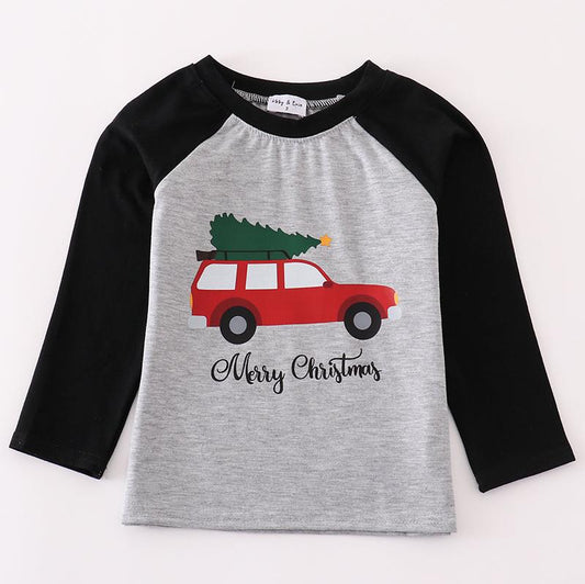 Merry Christmas Tree Car Print Boy Top