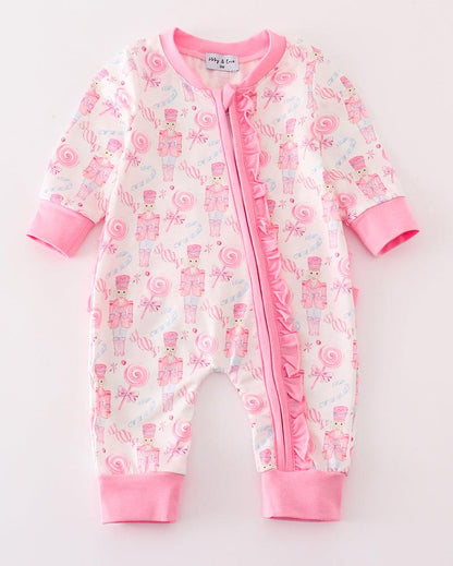 Candy Pink Nutcracker Print Ruffle Zip Girl Romper