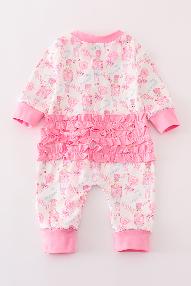 Candy Pink Nutcracker Print Ruffle Zip Girl Romper