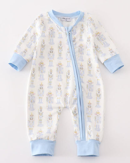 Blue Nutcracker Print Zip Boy Romper