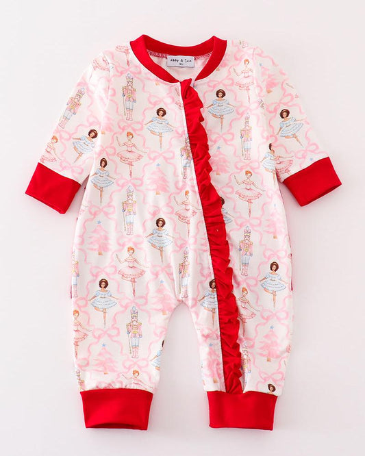 Red Nutcracker Print Ruffle Zip Girl Romper