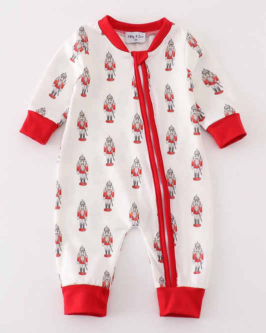 Red Nutcracker Print Ruffle Zip Boy Romper