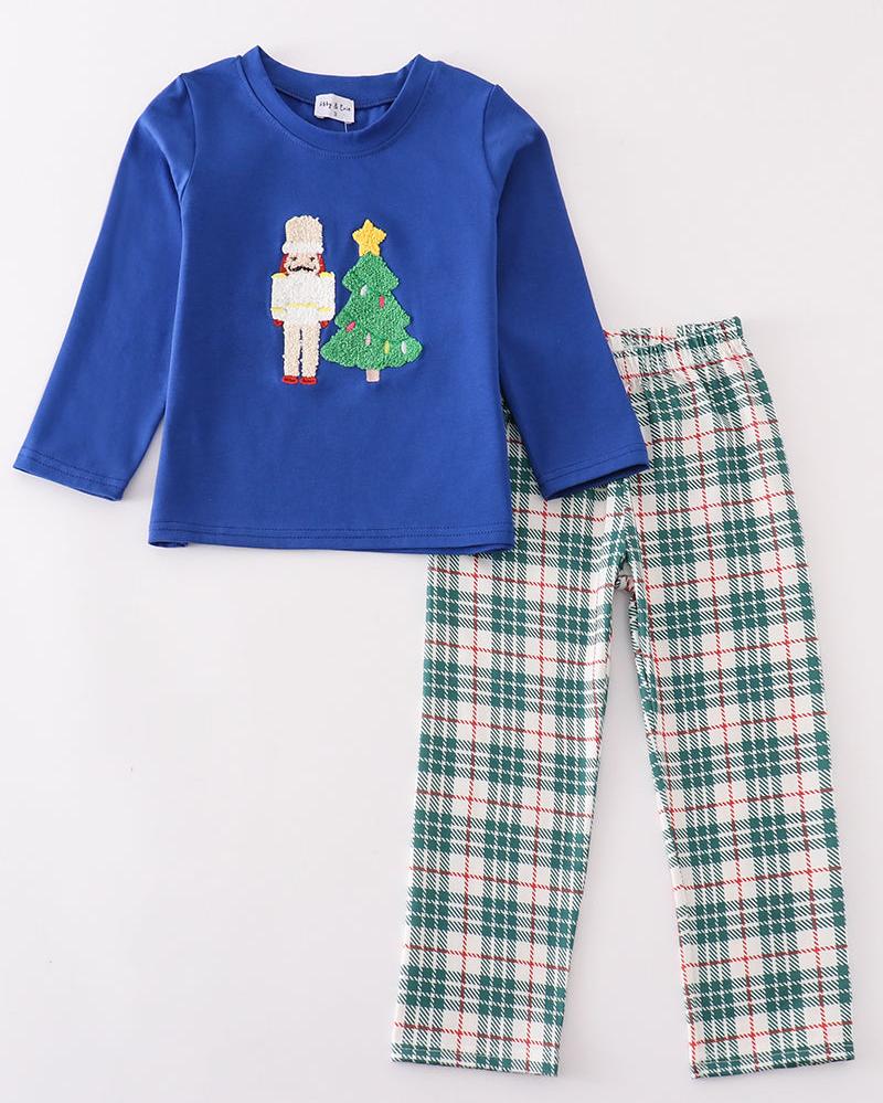 Christmas Nutcracker French Knot Blue Boy Pants Set