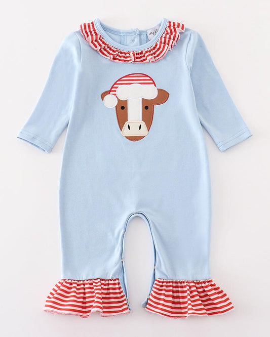 Christmas Cow Applique Blue Girl Romper