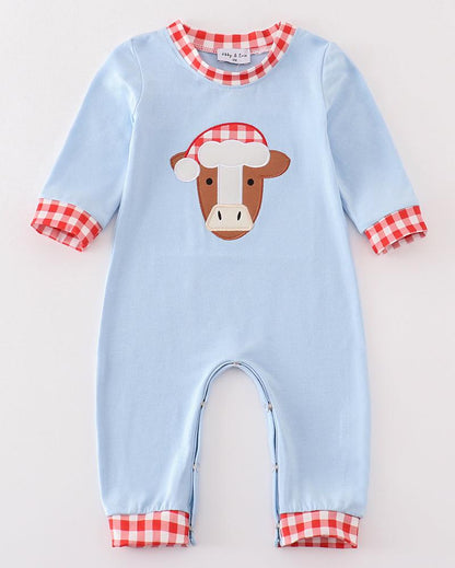 Christmas Cow Applique Blue Boy Romper