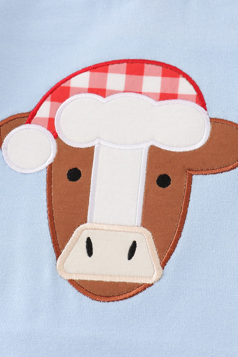 Christmas Cow Applique Blue Boy Romper