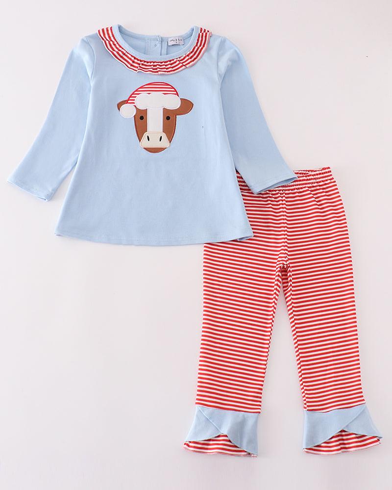 Christmas Cow Applique Blue Girl Set